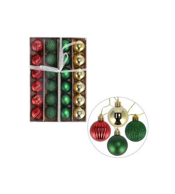 Bombki plastikowe  4cm/24 szt, czerwony, złoty, zielony