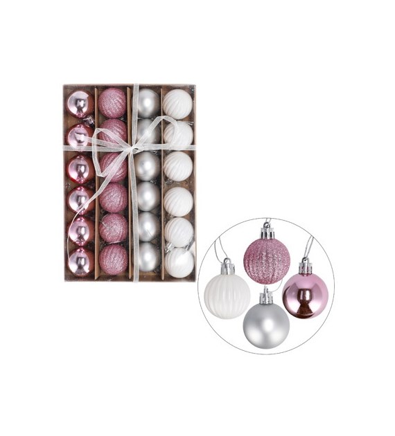 Bombki plastikowe  4cm/24 szt, róż, srebrny, biały