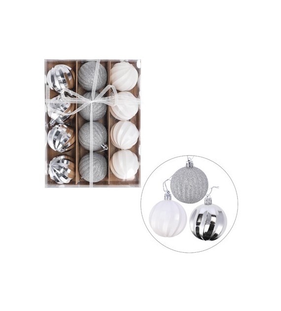 Bombki plastikowe, 6cm/12 szt, srebrny, biały