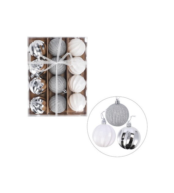 Bombki plastikowe, 6cm/12 szt, srebrny, biały