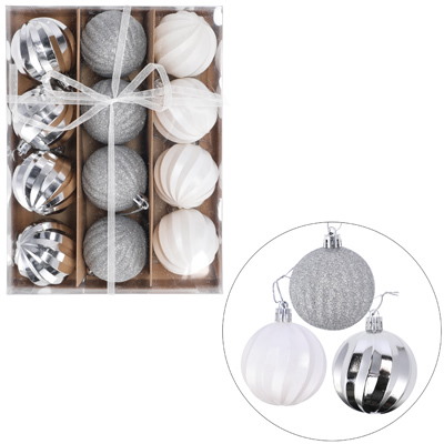 Bombki plastikowe, 6cm/12 szt, srebrny, biały