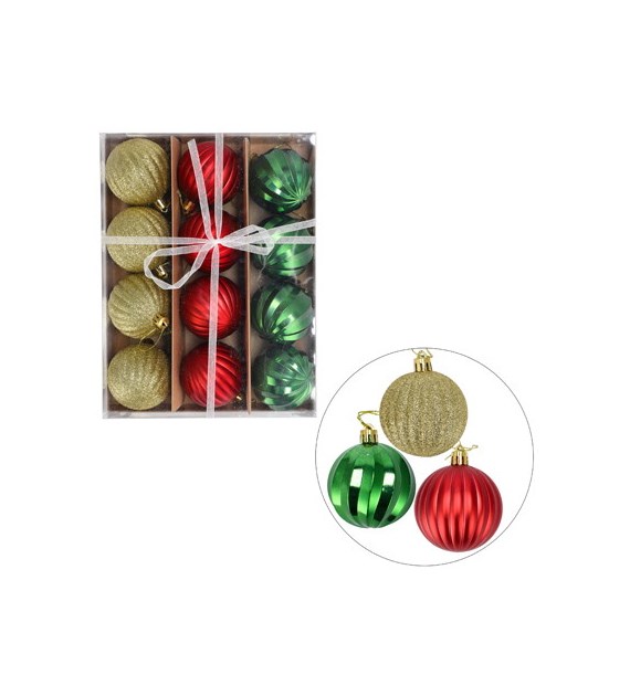 Bombki plastikowe, 6cm/12 szt, złoty, czerwony, zielony