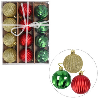 Bombki plastikowe, 6cm/12 szt, złoty, czerwony, zielony