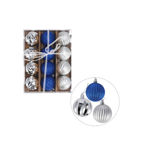 Bombki plastikowe, 6cm/12 szt, srebrny, granat