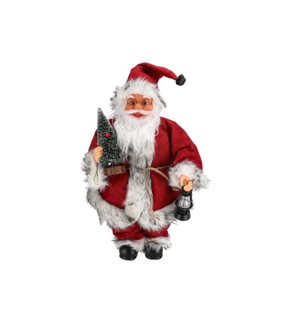 Mikołaj z materiału z choinką i latarenką, 40cm, czerwony