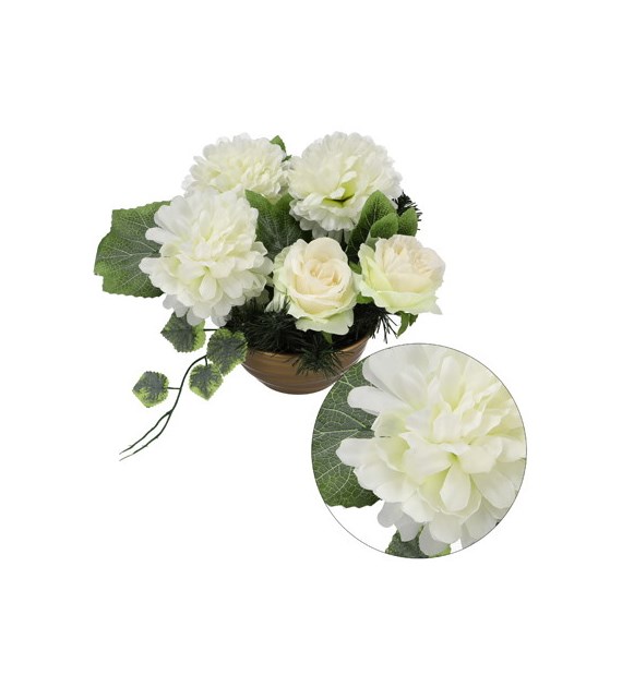 Kompozycja nagrobna w misie, 3 chryzantemy, 2 róże, 30x45x26cm, kremowy