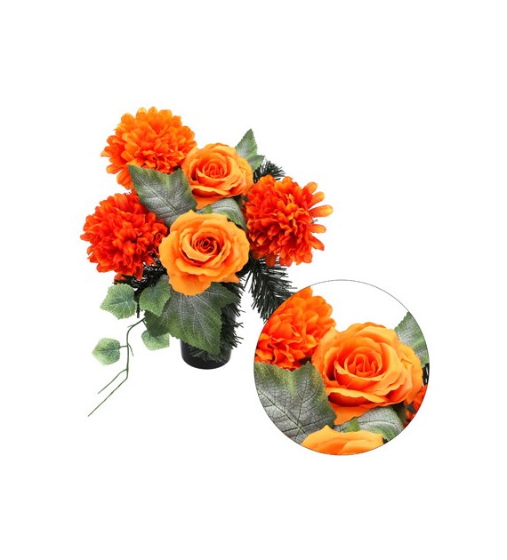 Kompozycja nagrobna w wazonie, 3 chryzantemy, 2 róże, 30x45x26cm, herbaciany