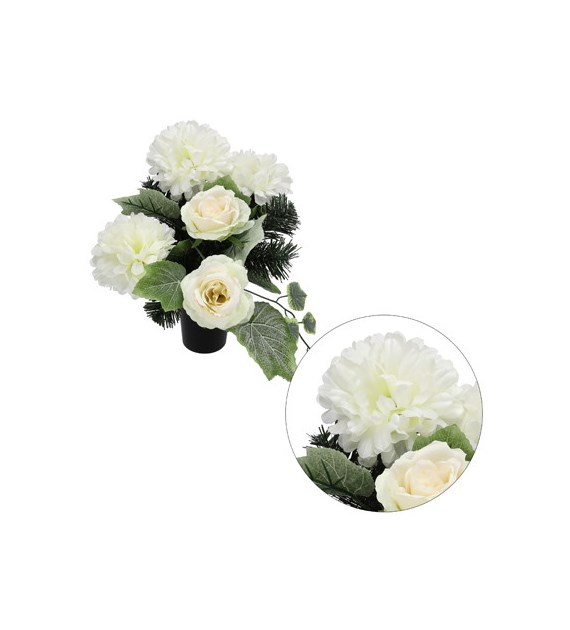 Kompozycja nagrobna w wazonie, 3 chryzantemy, 2 róże, 30x45x26cm, kremowy