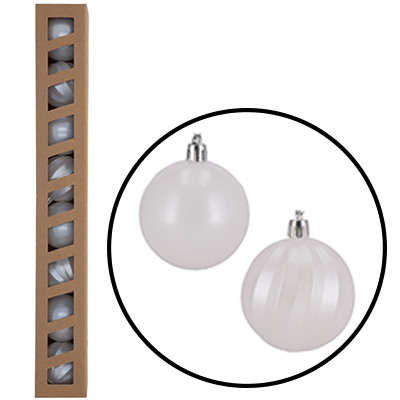 Bombki Plastikowe 6CM/8SZT (Gładka + Żłobiona), Opal - Biały