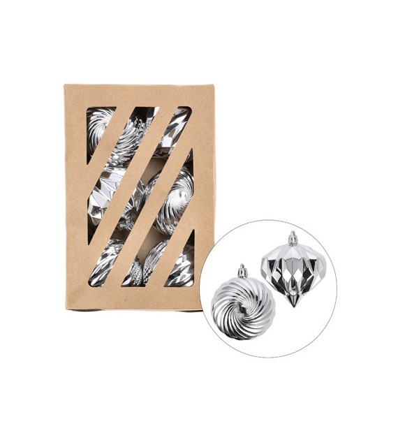 Bombki plastikowe 7cm/4szt + cebulki 8cm/2szt, srebrny