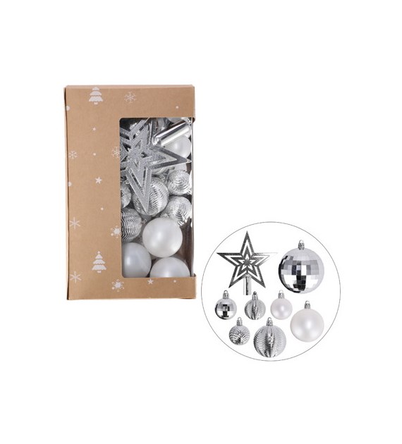 Bombki plastikowe - zestaw 50szt. + czub na choinkę, srebrny