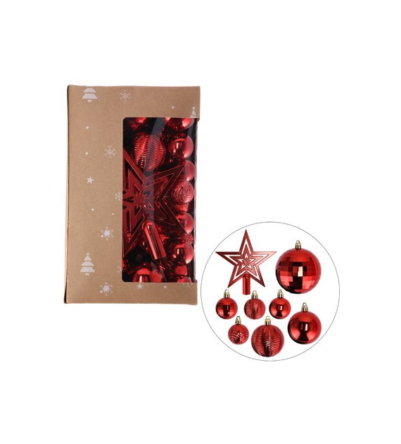Bombki plastikowe - zestaw 50szt. + czub na choinkę, czerwony