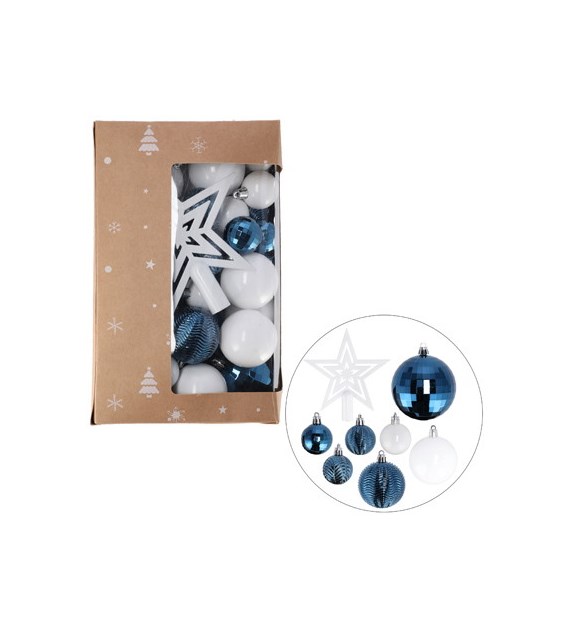 Bombki plastikowe - zestaw 50szt. + czub na choinkę, niebieski, biały