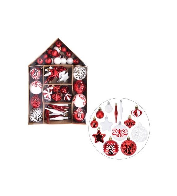 Bombki plastikowe - zestaw 50szt, biały, czerwony, do powieszenia