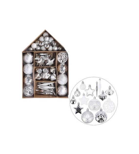 Bombki plastikowe - zestaw 50szt, biały, srebrny, do powieszenia