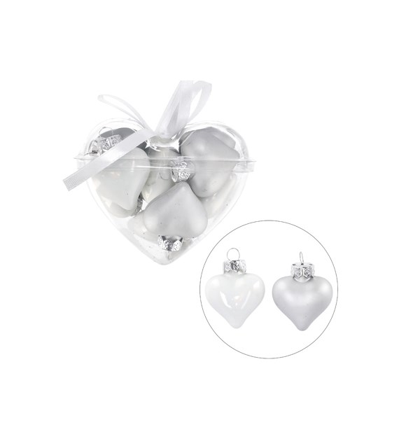 Bombki szklane mini w sercu - serca 4cm/10szt, srebrny, biały