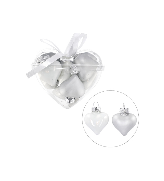 Bombki szklane mini w sercu - serca 4cm/10szt, srebrny, biały