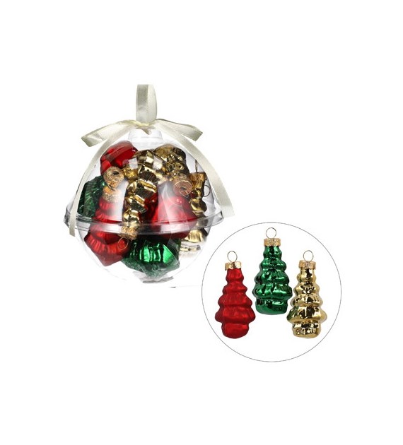 Bombki szklane mini- choinki 5cm/11szt, zielony, czerwony, złoty