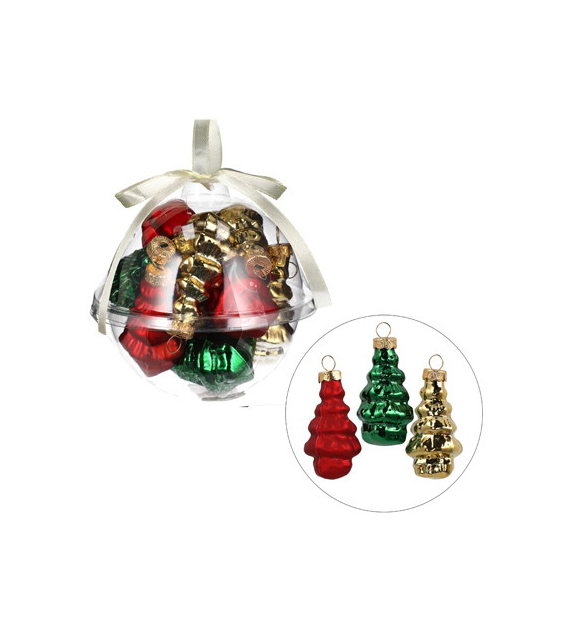 Bombki szklane mini- choinki 5cm/11szt, zielony, czerwony, złoty
