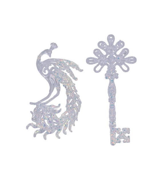 Zawieszka z akrylu, klucz, paw, białe, do powieszenia