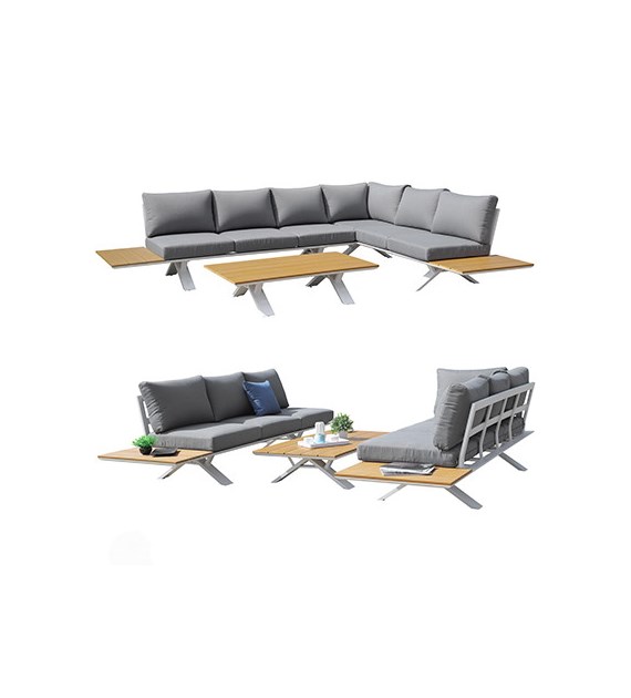 Zestaw aluminiowy narożnik ze stolikiem, polywood, poduszki wodoodporne