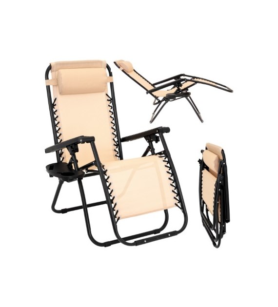 Leżak wielopozycyjny textilene z półką i blokadą siedziska, beżowy