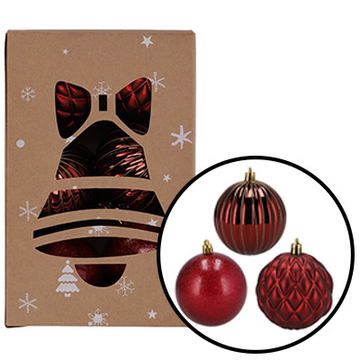 Bombki plastikowe dekor, brokat, 8cm/12szt, czerwony, do powieszenia