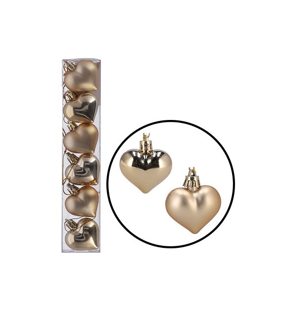 Bombki plastikowe serca, 4,5cm/6szt, złoty, do powieszenia