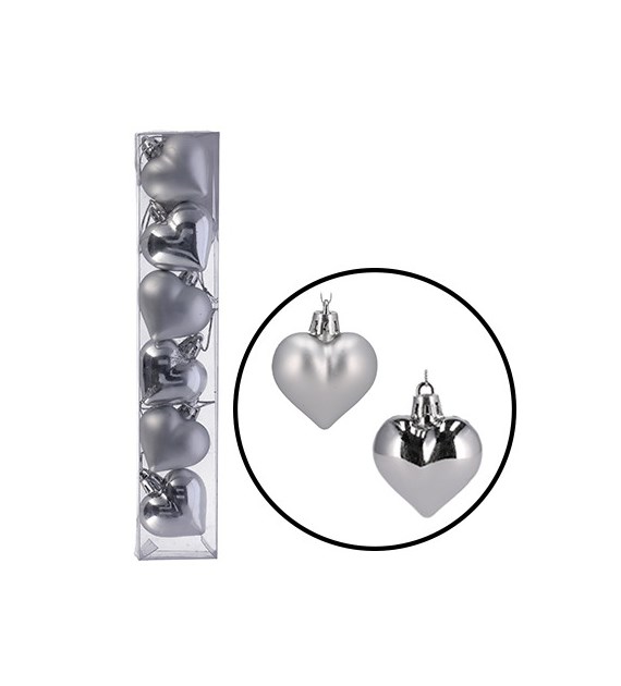 Bombki plastikowe serca, 4,5cm/6szt, srebrny, do powieszenia