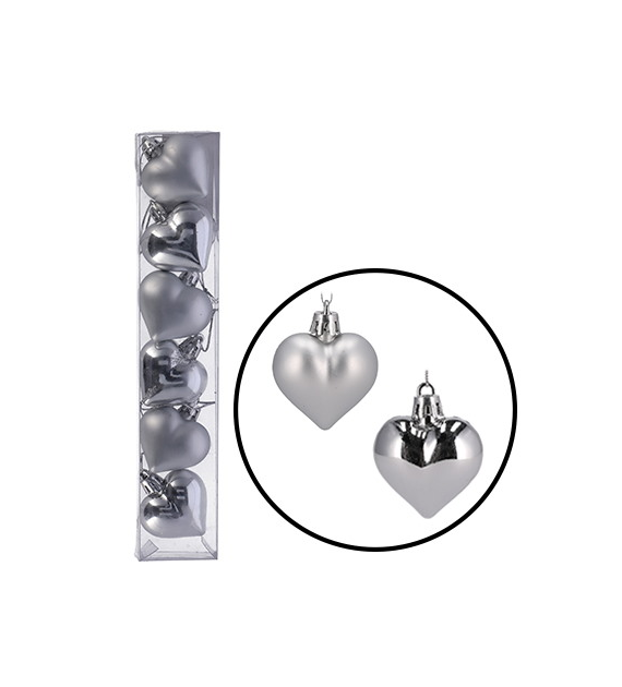 Bombki plastikowe serca, 4,5cm/6szt, srebrny, do powieszenia