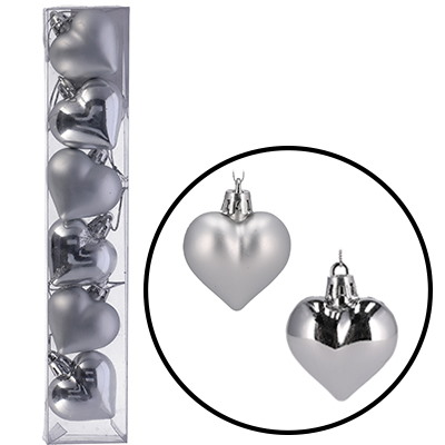 Bombki plastikowe serca, 4,5cm/6szt, srebrny, do powieszenia
