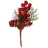 Gałązka dekoracyjna iglasta z czerwonymi kulkami i szyszkami, 19cm