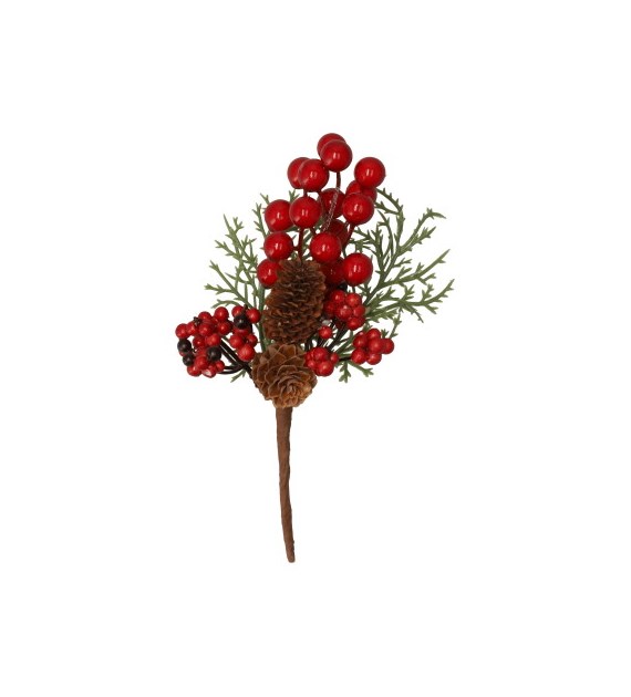 Gałązka dekoracyjna iglasta z czerwonymi kulkami i szyszkami, 19cm