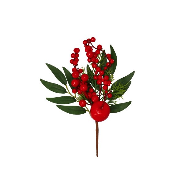 Gałązka dekoracyjna liściasta z czerwonymi kulkami i jabłkiem, 23cm