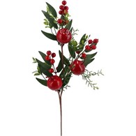 Gałązka dekoracyjna liściasta z czerwonymi kulkami i jabłkiem, 48cm