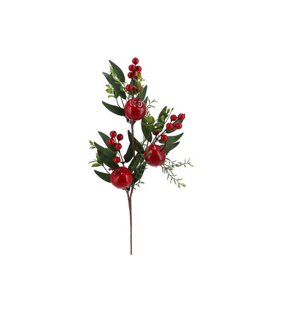 Gałązka dekoracyjna liściasta z czerwonymi kulkami i jabłkiem, 48cm