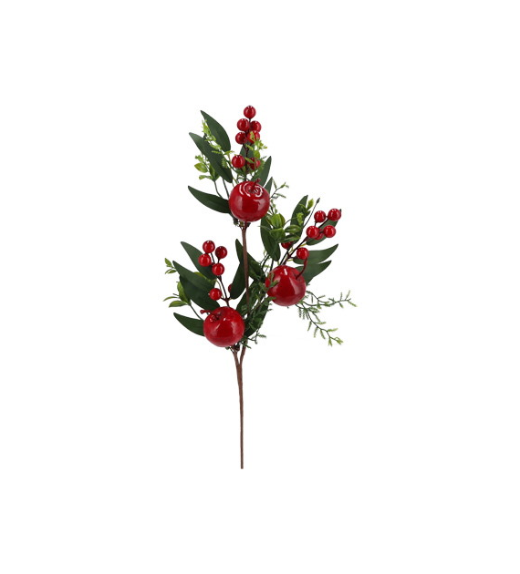 Gałązka dekoracyjna liściasta z czerwonymi kulkami i jabłkiem, 48cm