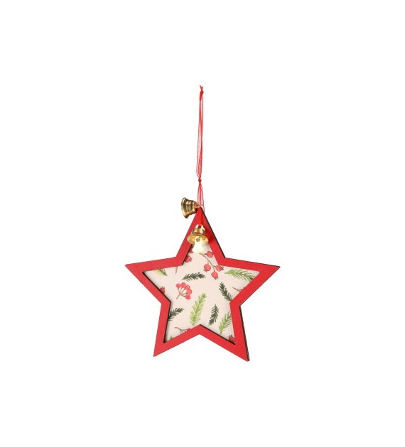 Dekoracja z drewna gwiazdka, 9 cm, czerwony, biały, do powieszenia