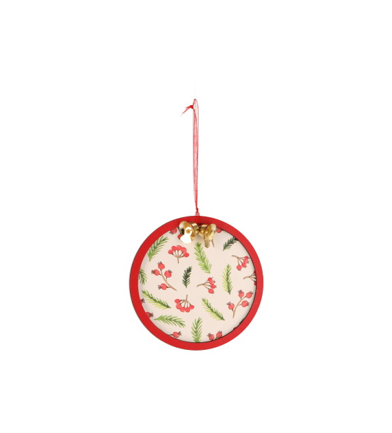 Dekoracja z drewna bombka, 9 cm, czerwony, biały, do powieszenia