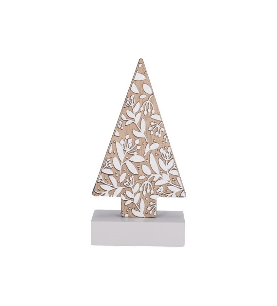Dekoracja z drewna choinka, 21cm, brąz, biały, do postawienia