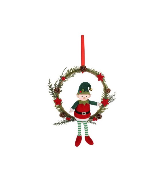 Zawieszka w okręgu - chłopiec elf; 26cm; czerowny-zielony; do pow