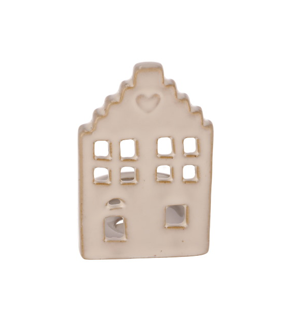 Świecznik z ceramiki na tealight, domek, 9cm, beż, do postawienia