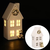 Domek z ceramiki z choinką, podświetlany LED, 15 cm, biały, złoty