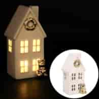 Domek z ceramiki z choinką, podświetlany LED, 15 cm, biały, złoty