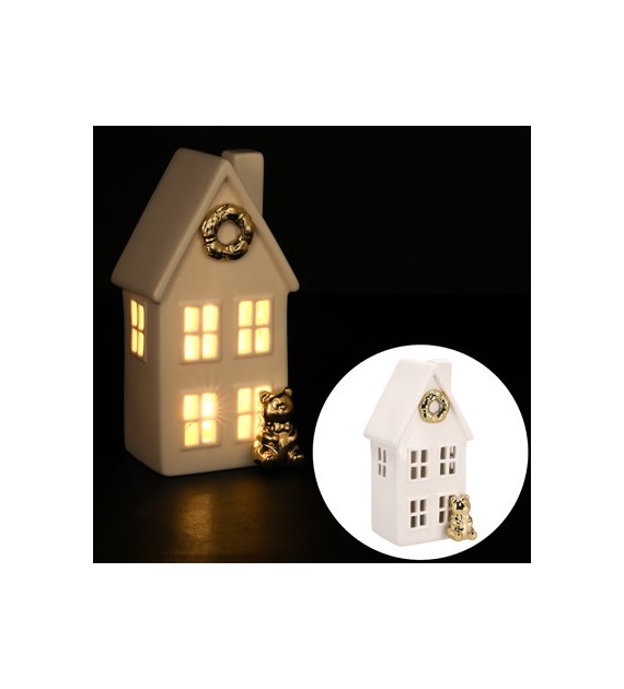 Domek z ceramiki z choinką, podświetlany LED, 15 cm, biały, złoty