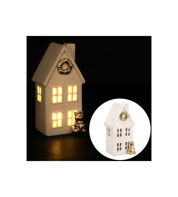 Domek z ceramiki z choinką, podświetlany LED, 15 cm, biały, złoty