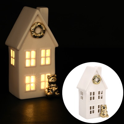 Domek z ceramiki z choinką, podświetlany LED, 15 cm, biały, złoty