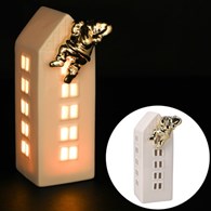 Domek z ceramiki z Mikołajem, 16,5cm podświetlany LED, biały, złoty