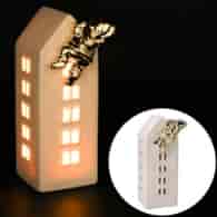 Domek z ceramiki z Mikołajem, 16,5cm podświetlany LED, biały, złoty