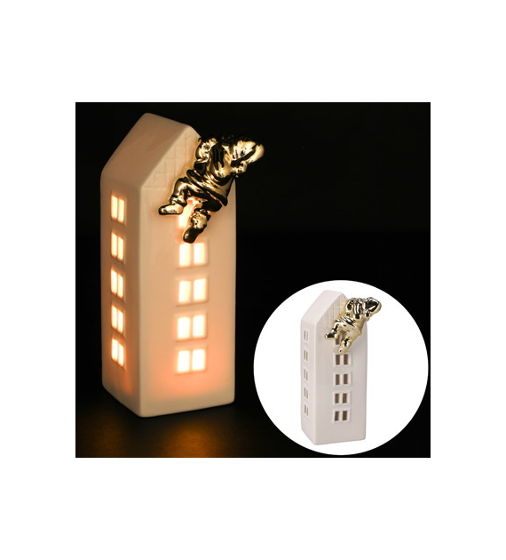 Domek z ceramiki z Mikołajem, 16,5cm podświetlany LED, biały, złoty